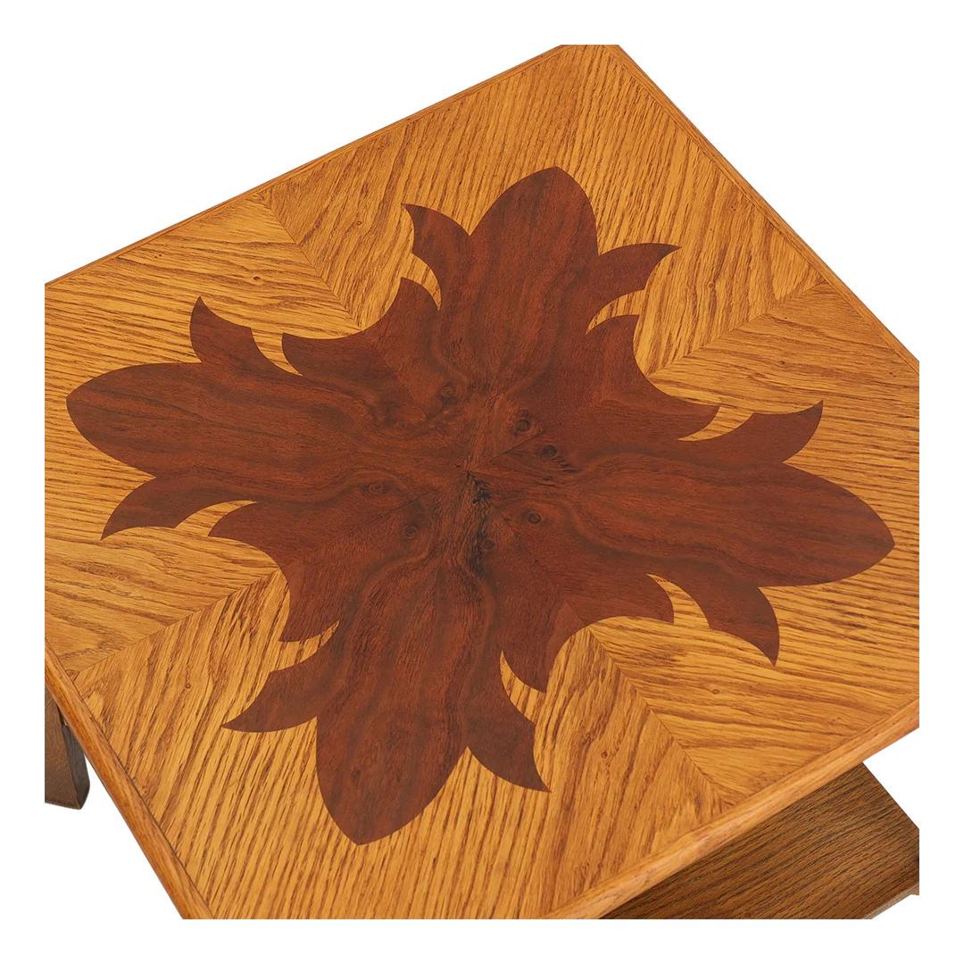 1940s Danish : square oakwood table with mahogany marquetry top
