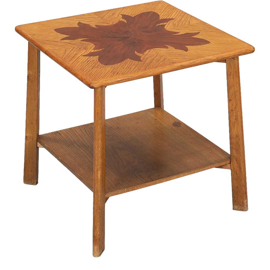 1940s Danish : square oakwood table with mahogany marquetry top