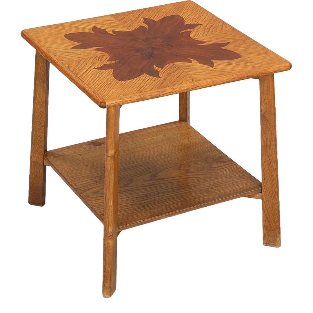 1940s Danish : square oakwood table with mahogany marquetry top