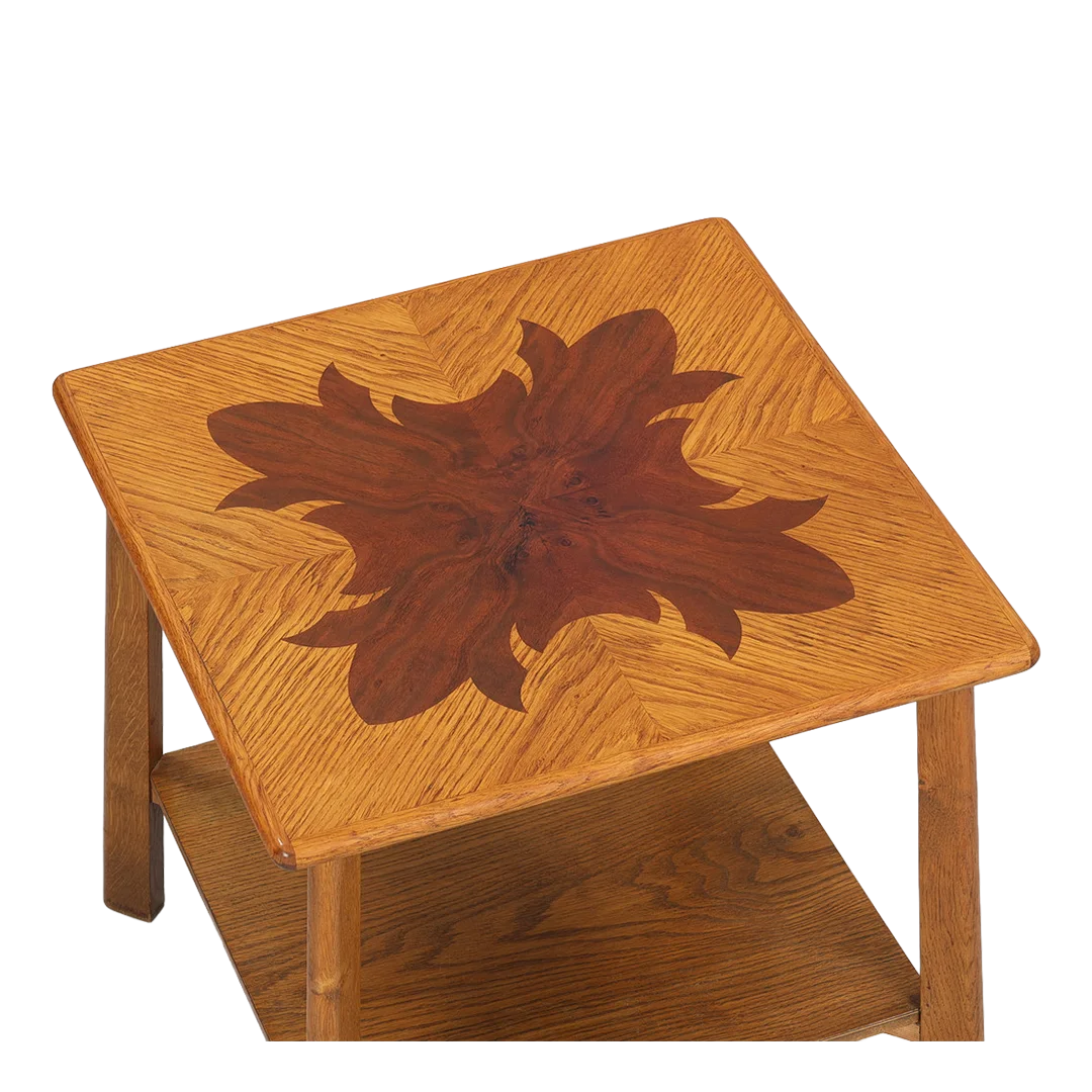 1940s Danish : square oakwood table with mahogany marquetry top