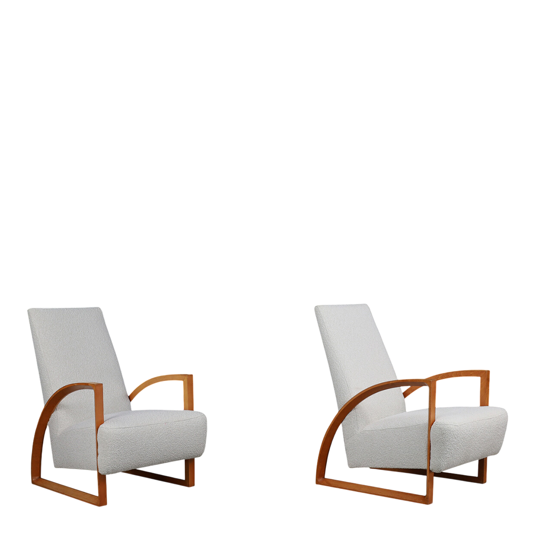 1970s Dutch : pair functional modernist beechwood armchairs
