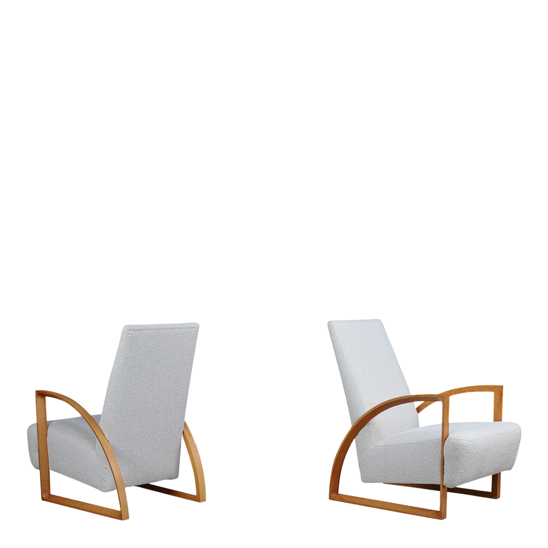 1970s Dutch : pair functional modernist beechwood armchairs