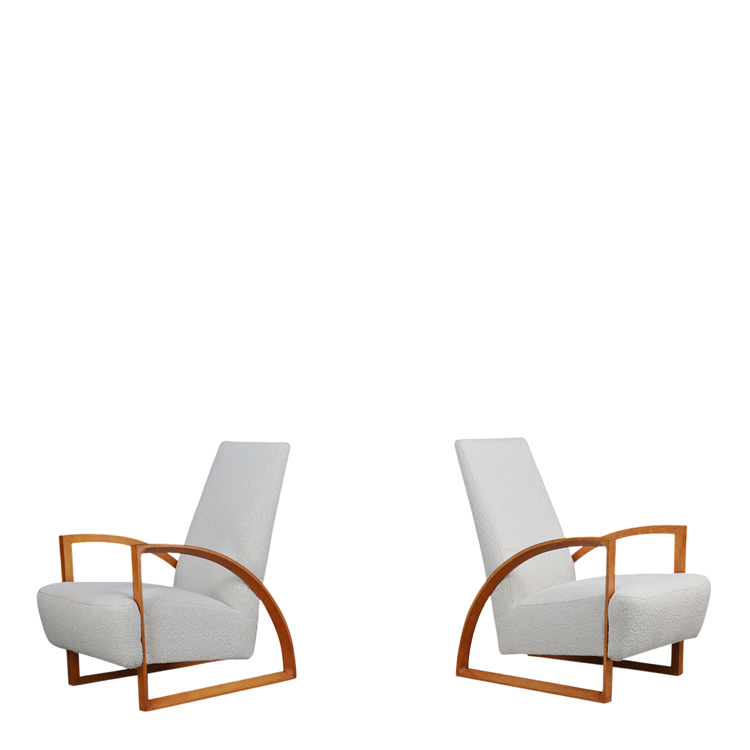 1970s Dutch : pair functional modernist beechwood armchairs