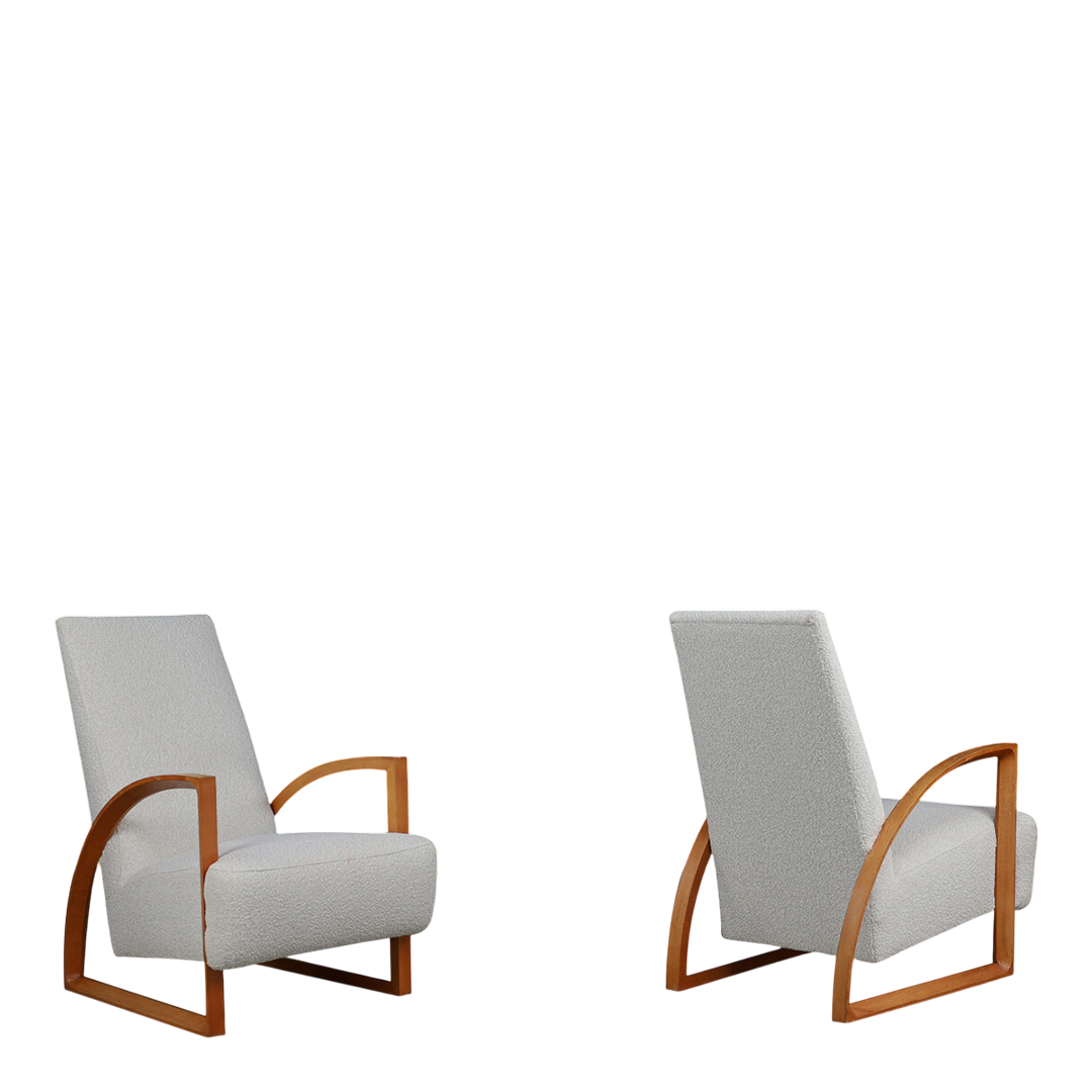 1970s Dutch : pair functional modernist beechwood armchairs