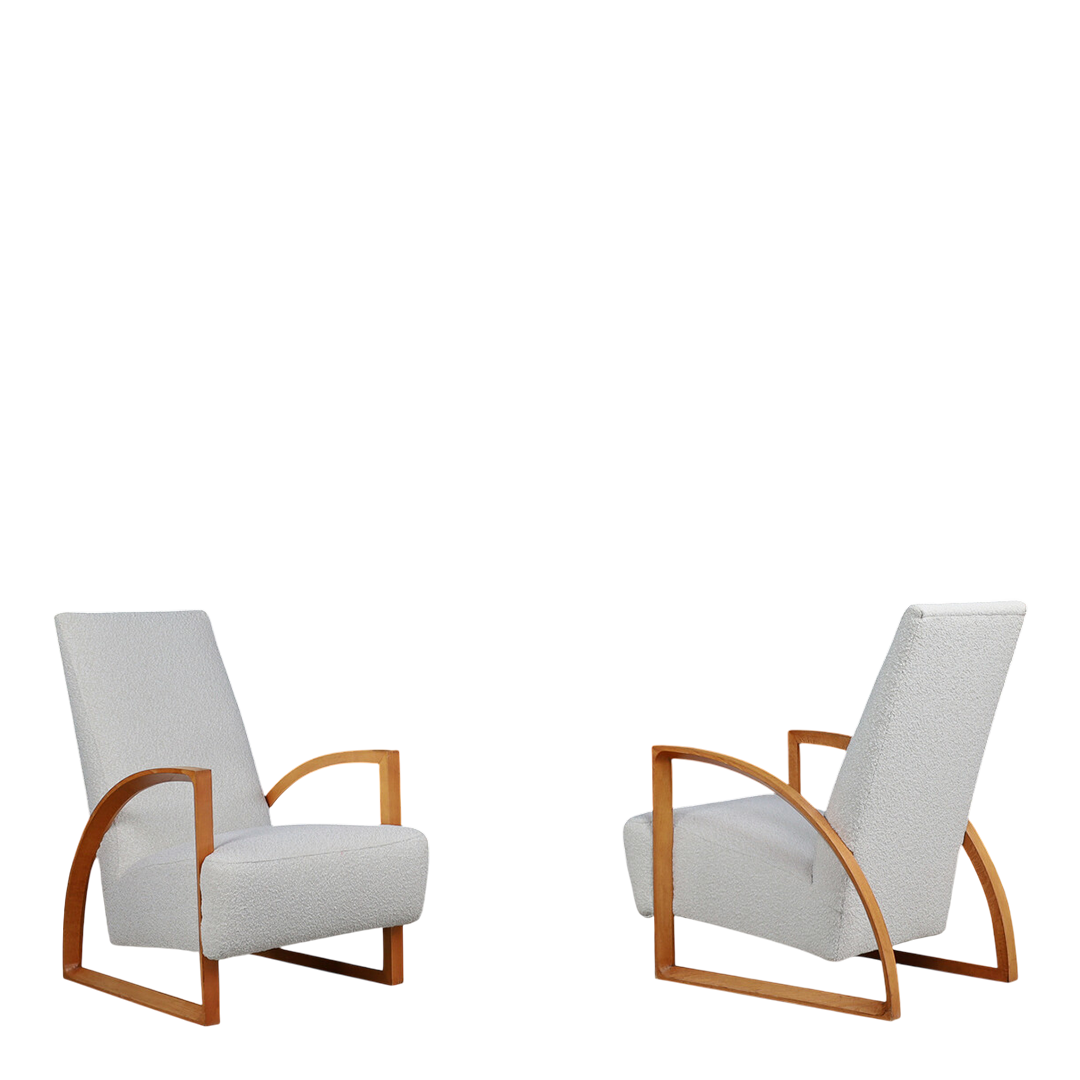 1970s Dutch : pair functional modernist beechwood armchairs