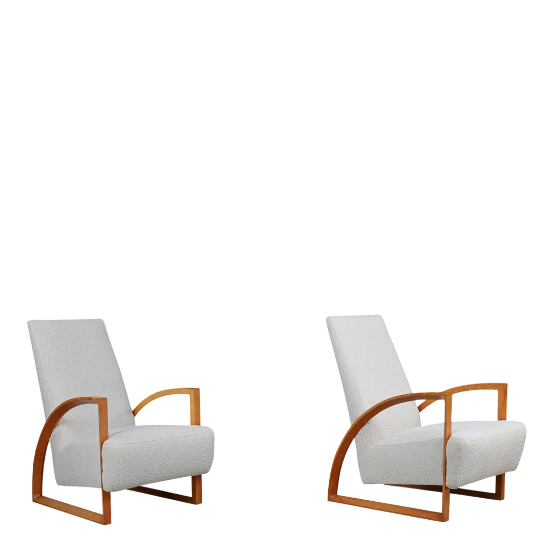 1970s Dutch : pair functional modernist beechwood armchairs