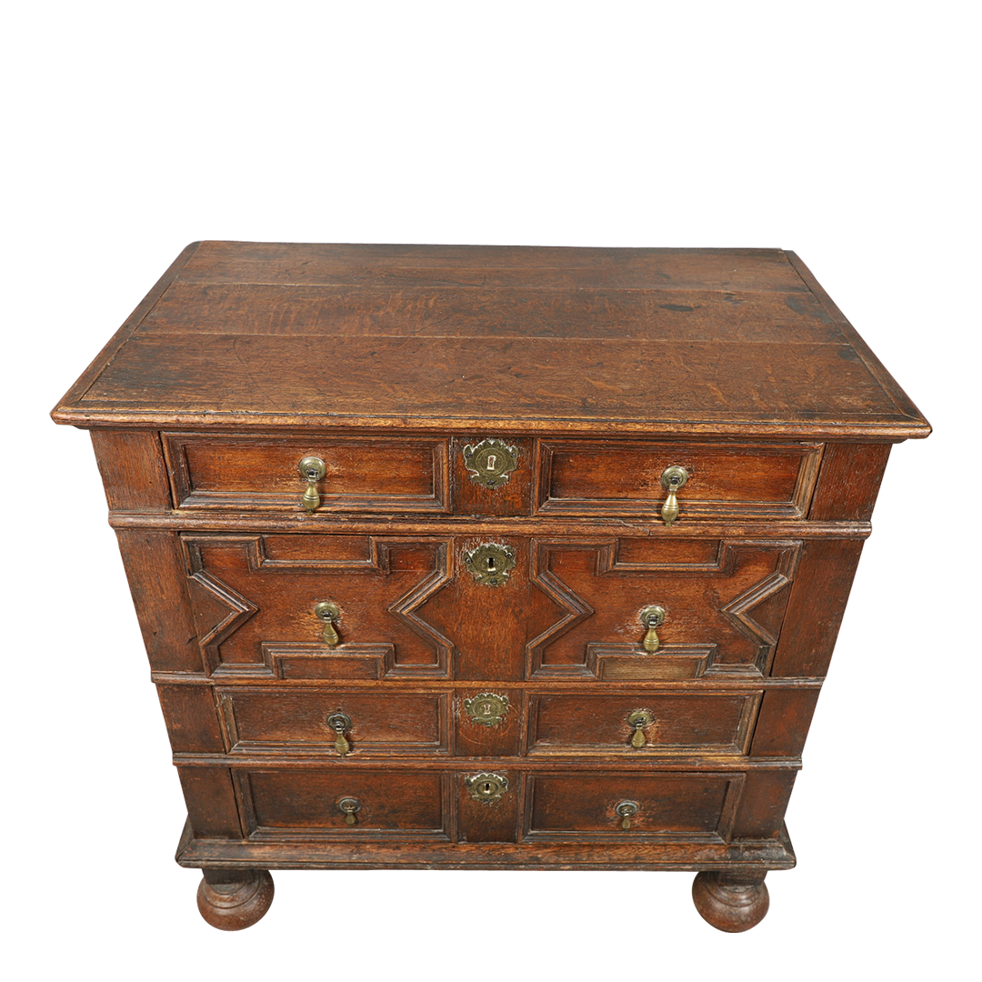 Late 17thc English : paneled oakwood chest of drawers