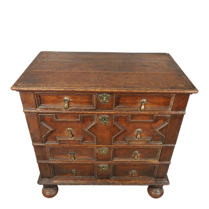 Late 17thc English : paneled oakwood chest of drawers