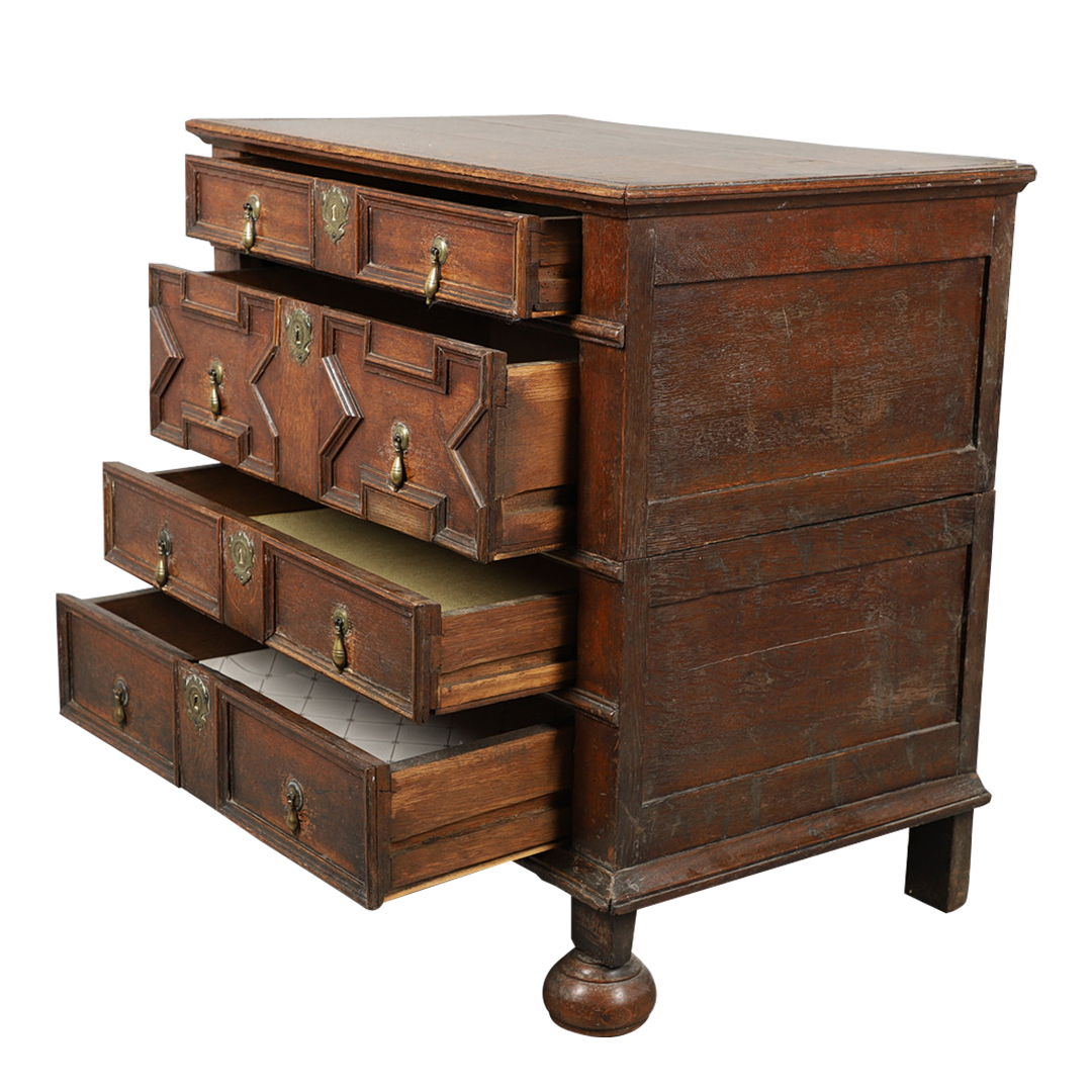 Late 17thc English : paneled oakwood chest of drawers