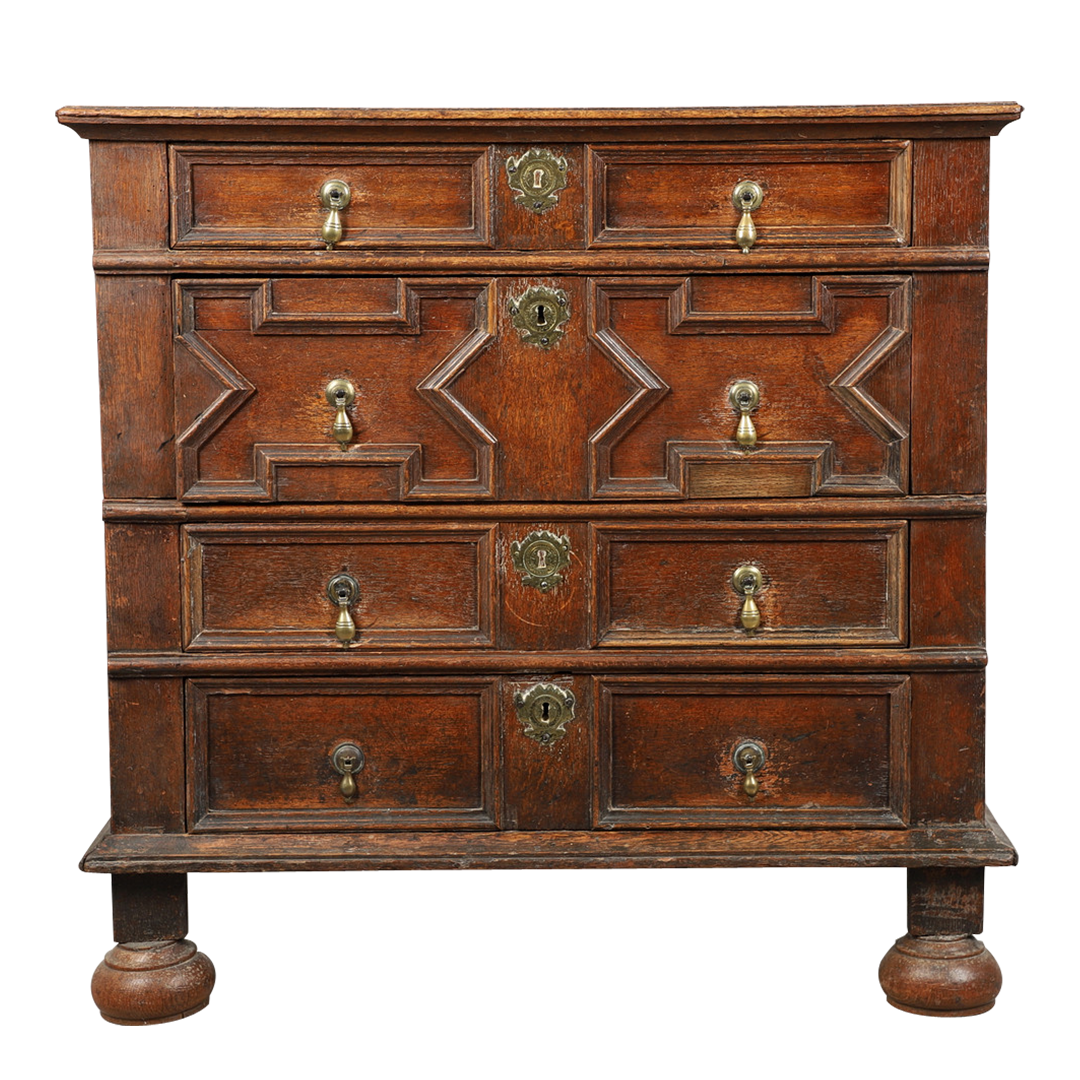 Late 17thc English : paneled oakwood chest of drawers