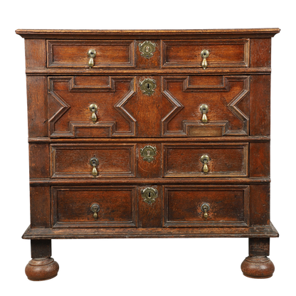 Late 17thc English : paneled oakwood chest of drawers