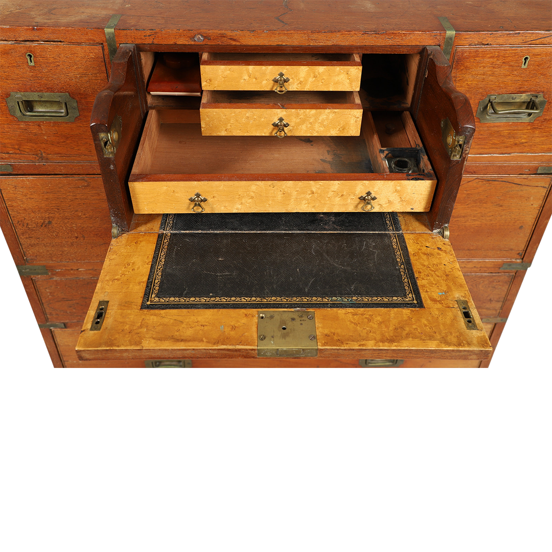 19thc English : teakwood campaign chest with secretary