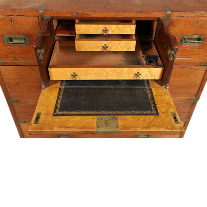 19thc English : teakwood campaign chest with secretary