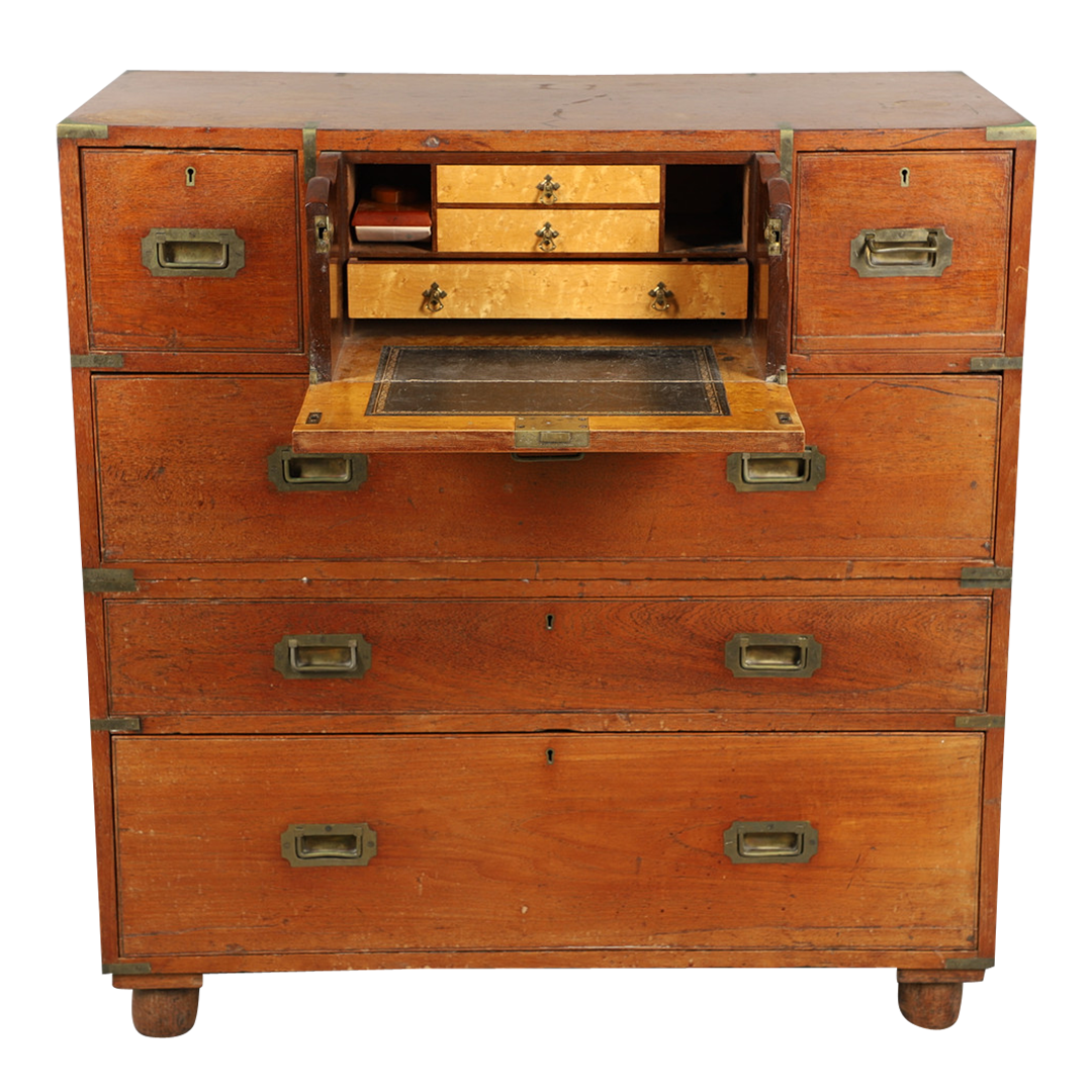 19thc English : teakwood campaign chest with secretary