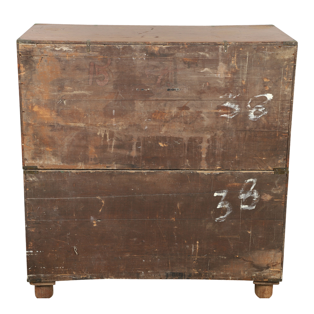 19thc English : teakwood campaign chest with secretary