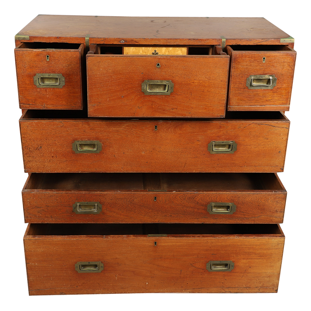 19thc English : teakwood campaign chest with secretary