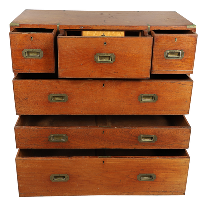 19thc English : teakwood campaign chest with secretary