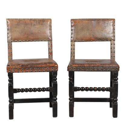 17thc English Restoration : pair of oakwood & leather backstools