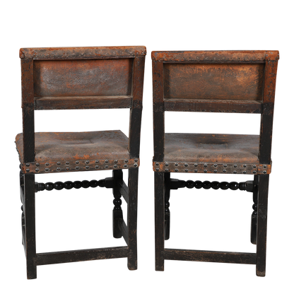 17thc English Restoration : pair of oakwood & leather backstools