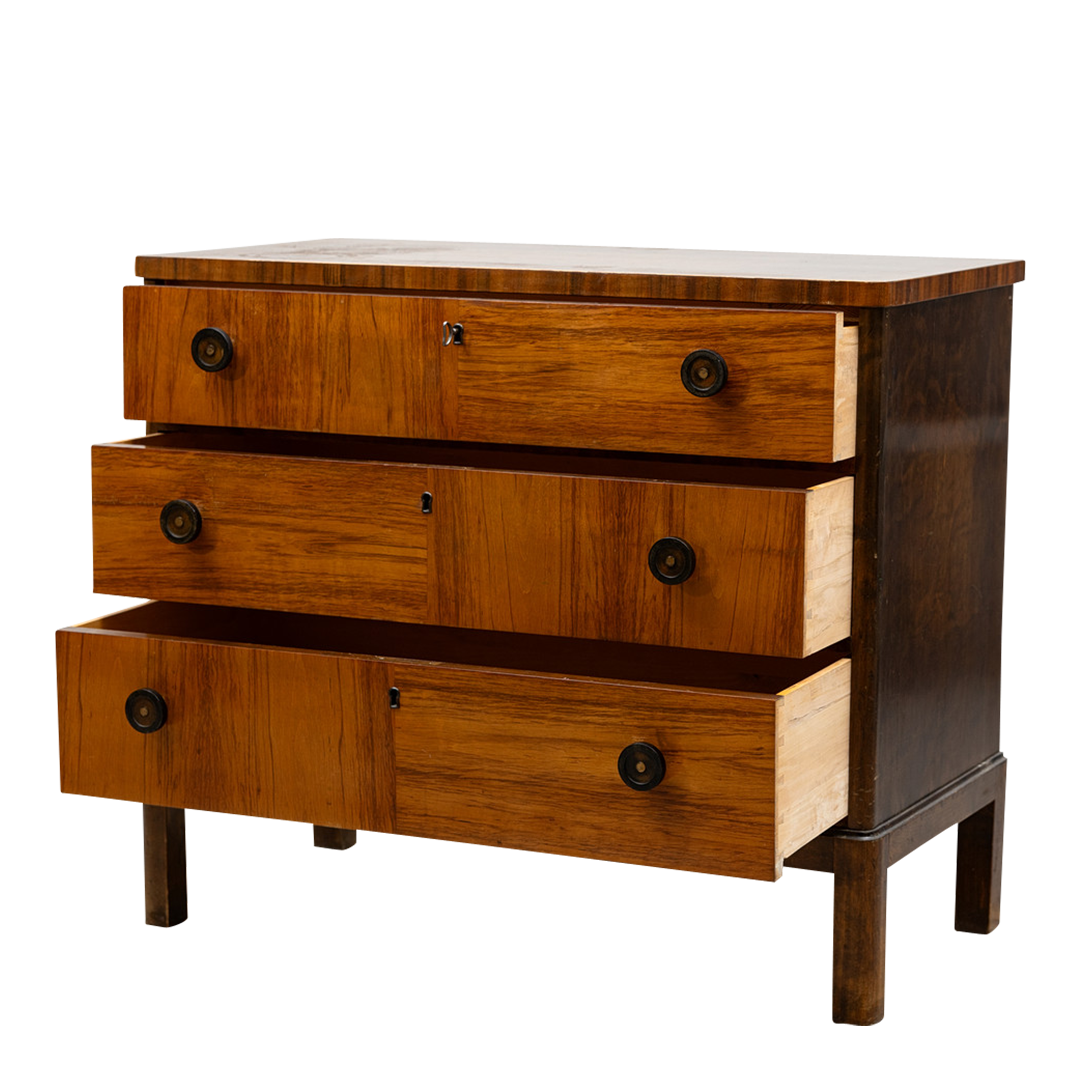 Late 1930s European : walnut & flame birch chest of drawers