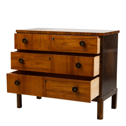 Late 1930s European : walnut & flame birch chest of drawers