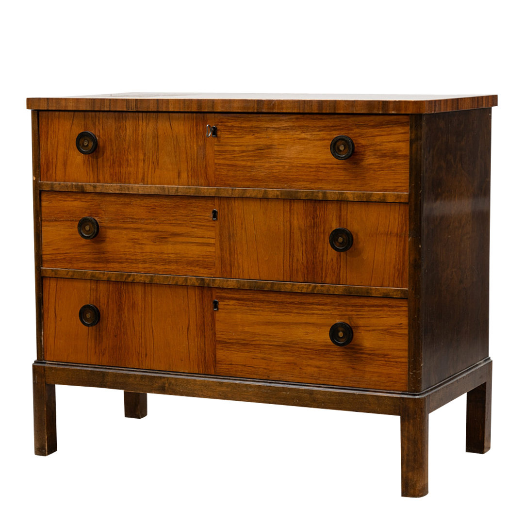 Late 1930s European : walnut & flame birch chest of drawers