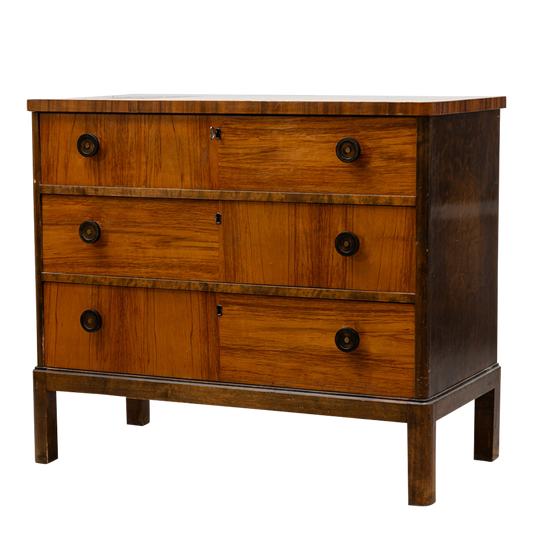 Late 1930s European : walnut & flame birch chest of drawers