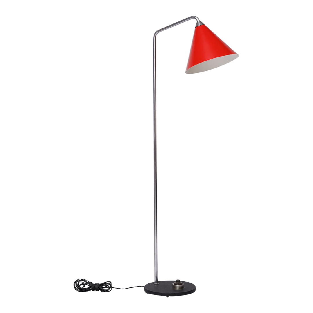 1956 Hvidt & Molgaard : model G126 red cone & steel floor lamp