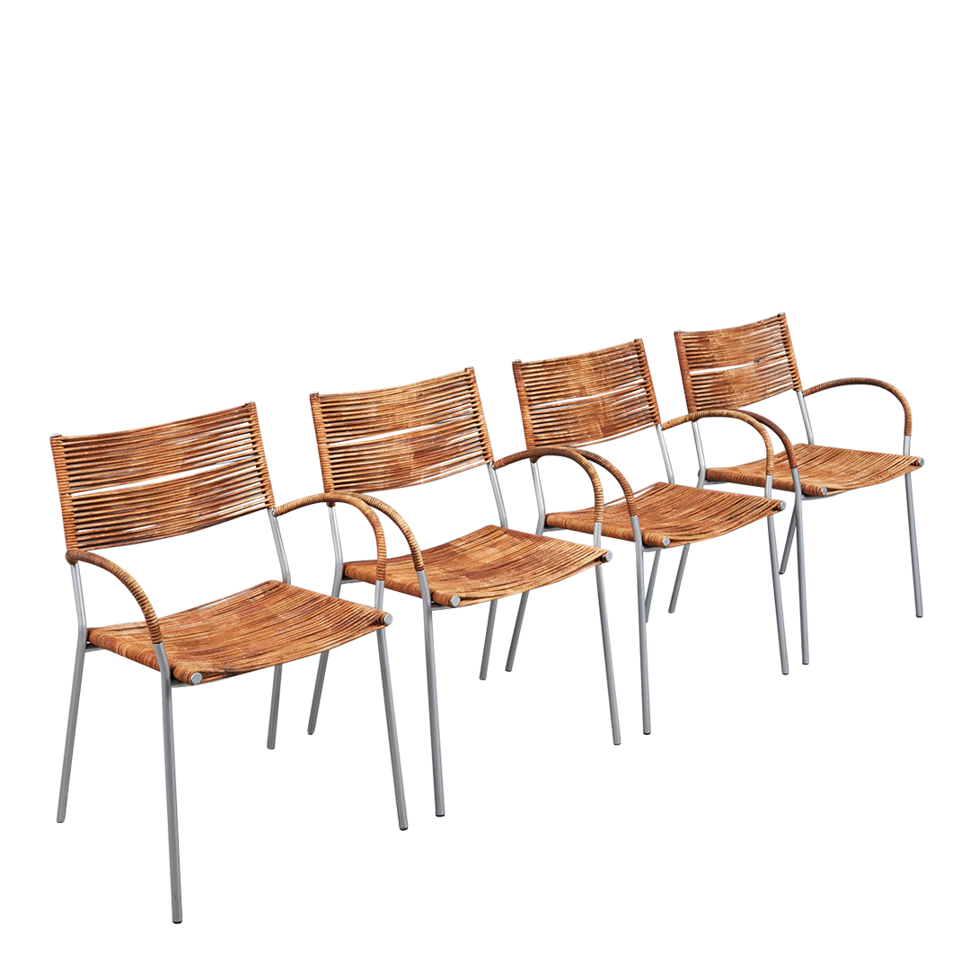 1990s Tito Agnoli : four "Miss B" leather cord dining chairs