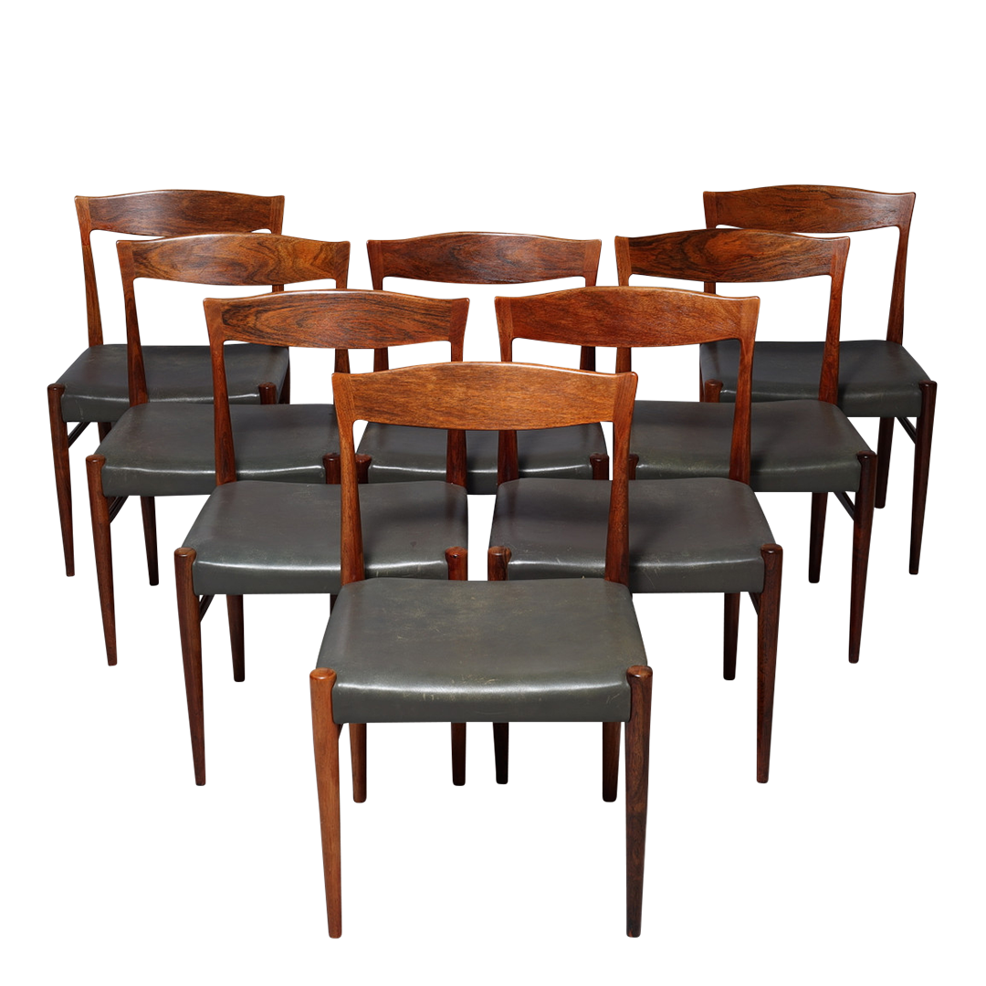 1960s Arne Hovmand Olsen : set eight rosewood & leather dining chairs