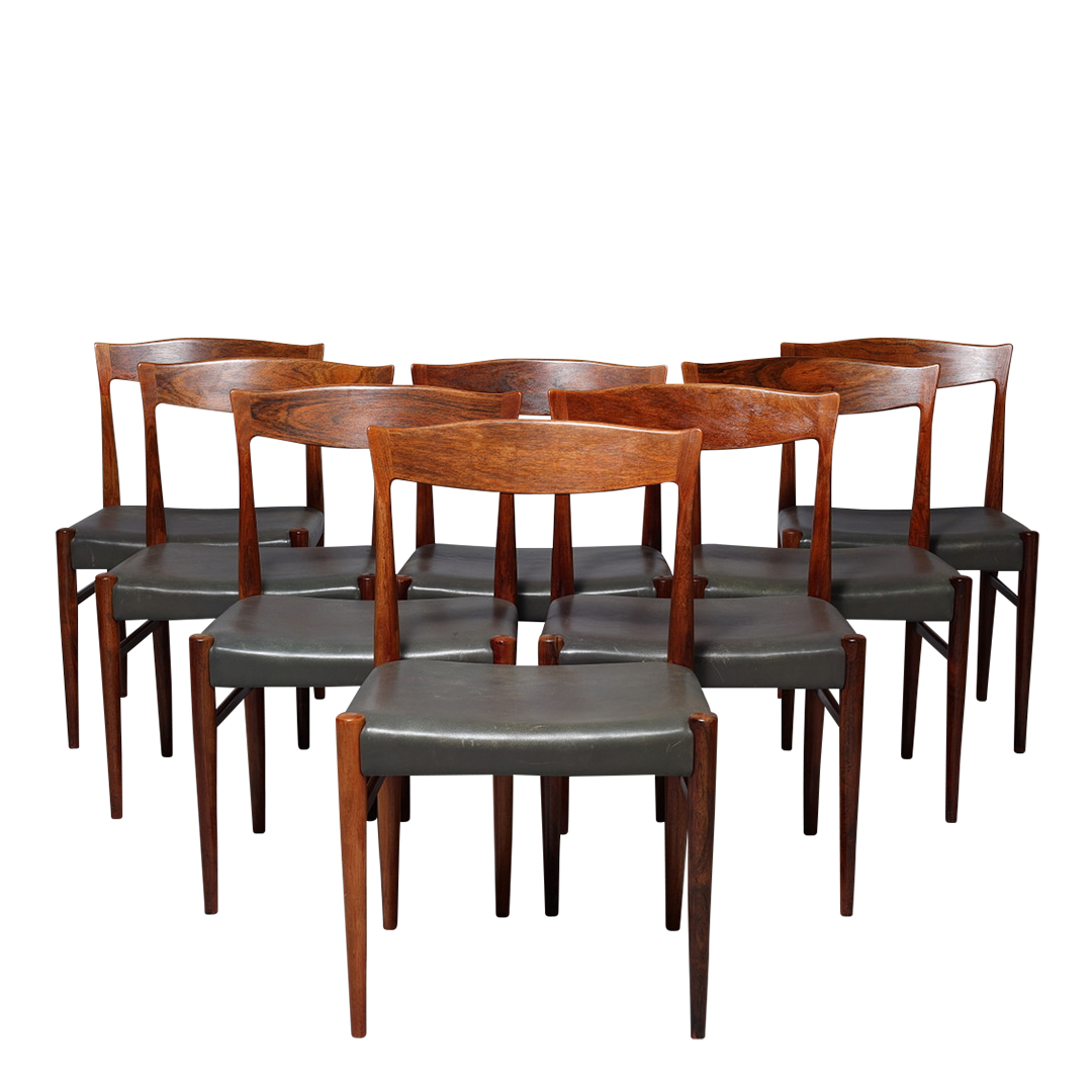 1960s Arne Hovmand Olsen : set eight rosewood & leather dining chairs