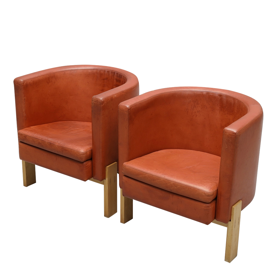 Pair Erik Karlström : leather & oakwood tub chairs, Sweden