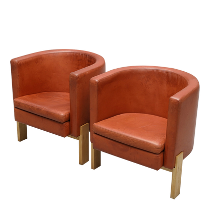 Pair Erik Karlström : leather & oakwood tub chairs, Sweden