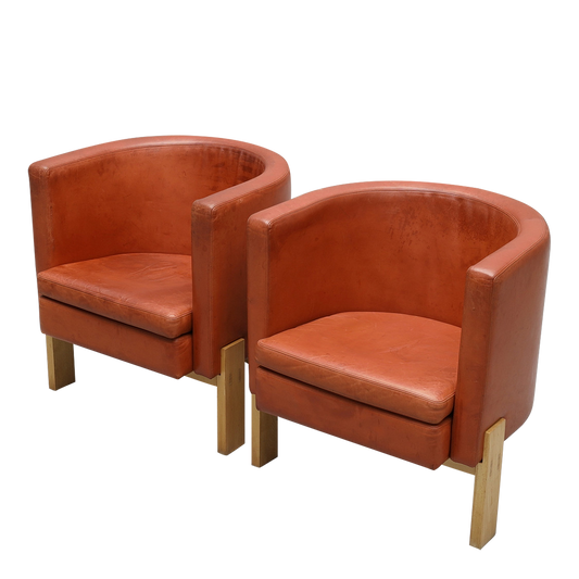 Pair Erik Karlström : leather & oakwood tub chairs, Sweden