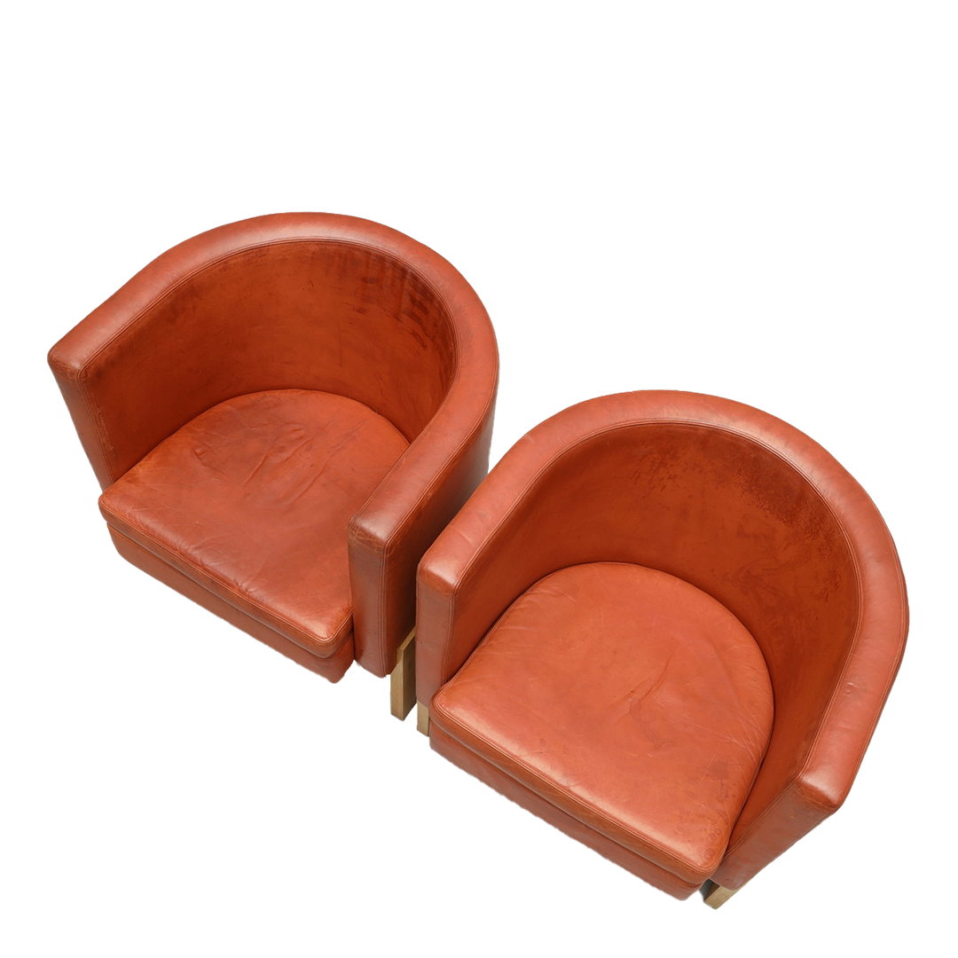 Pair Erik Karlström : leather & oakwood tub chairs, Sweden