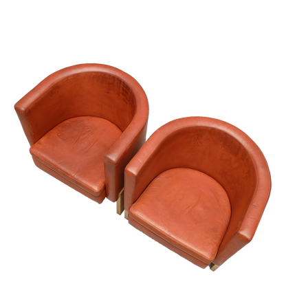 Pair Erik Karlström : leather & oakwood tub chairs, Sweden