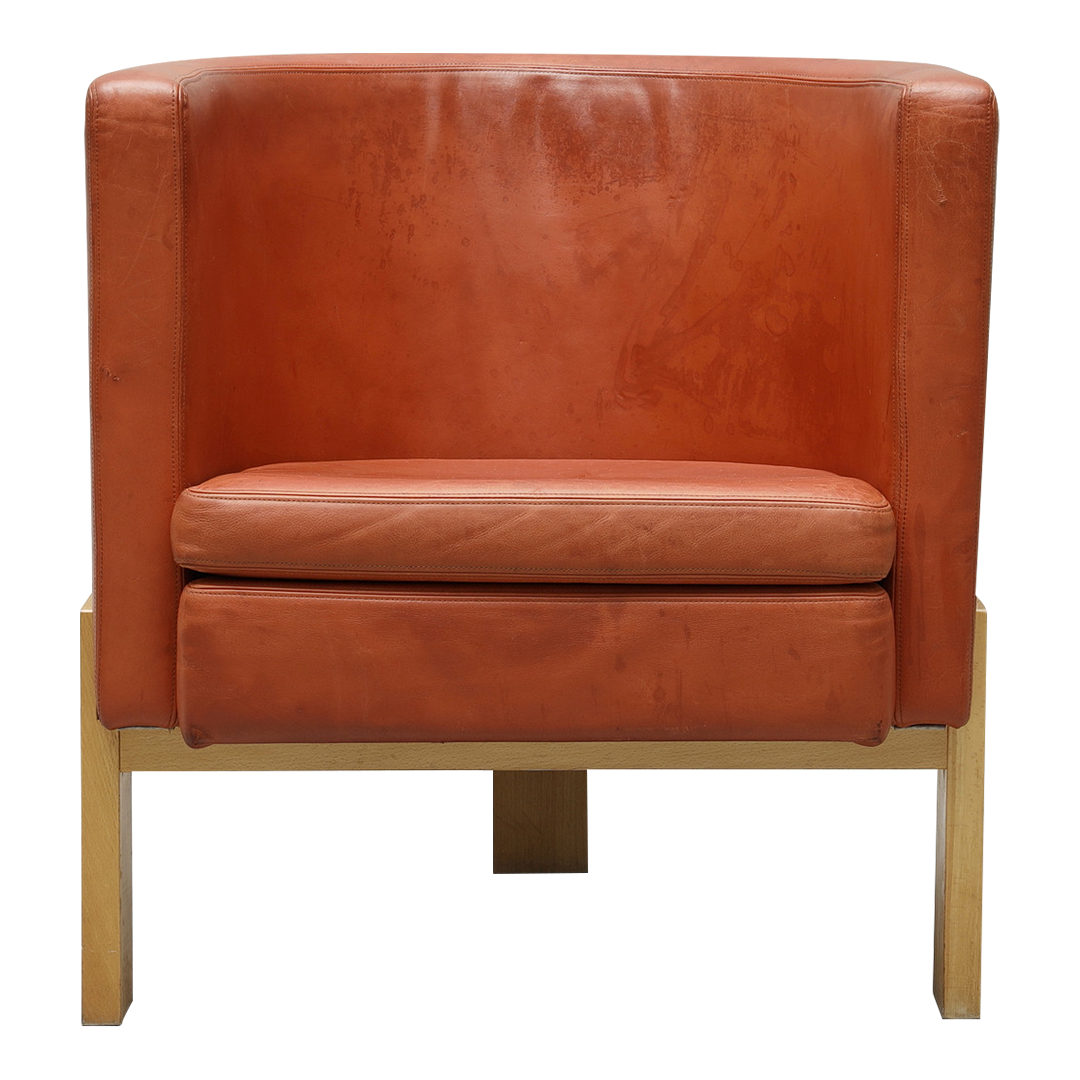 Pair Erik Karlström : leather & oakwood tub chairs, Sweden