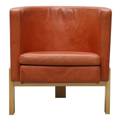 Pair Erik Karlström : leather & oakwood tub chairs, Sweden