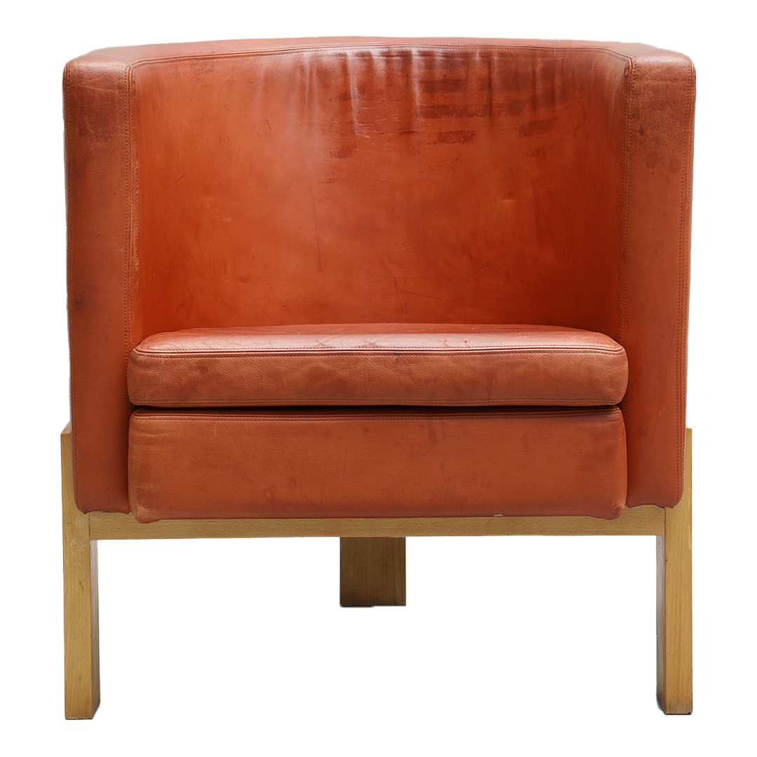 Pair Erik Karlström : leather & oakwood tub chairs, Sweden