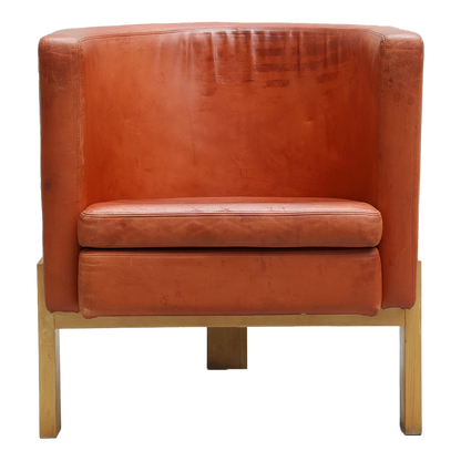 Pair Erik Karlström : leather & oakwood tub chairs, Sweden