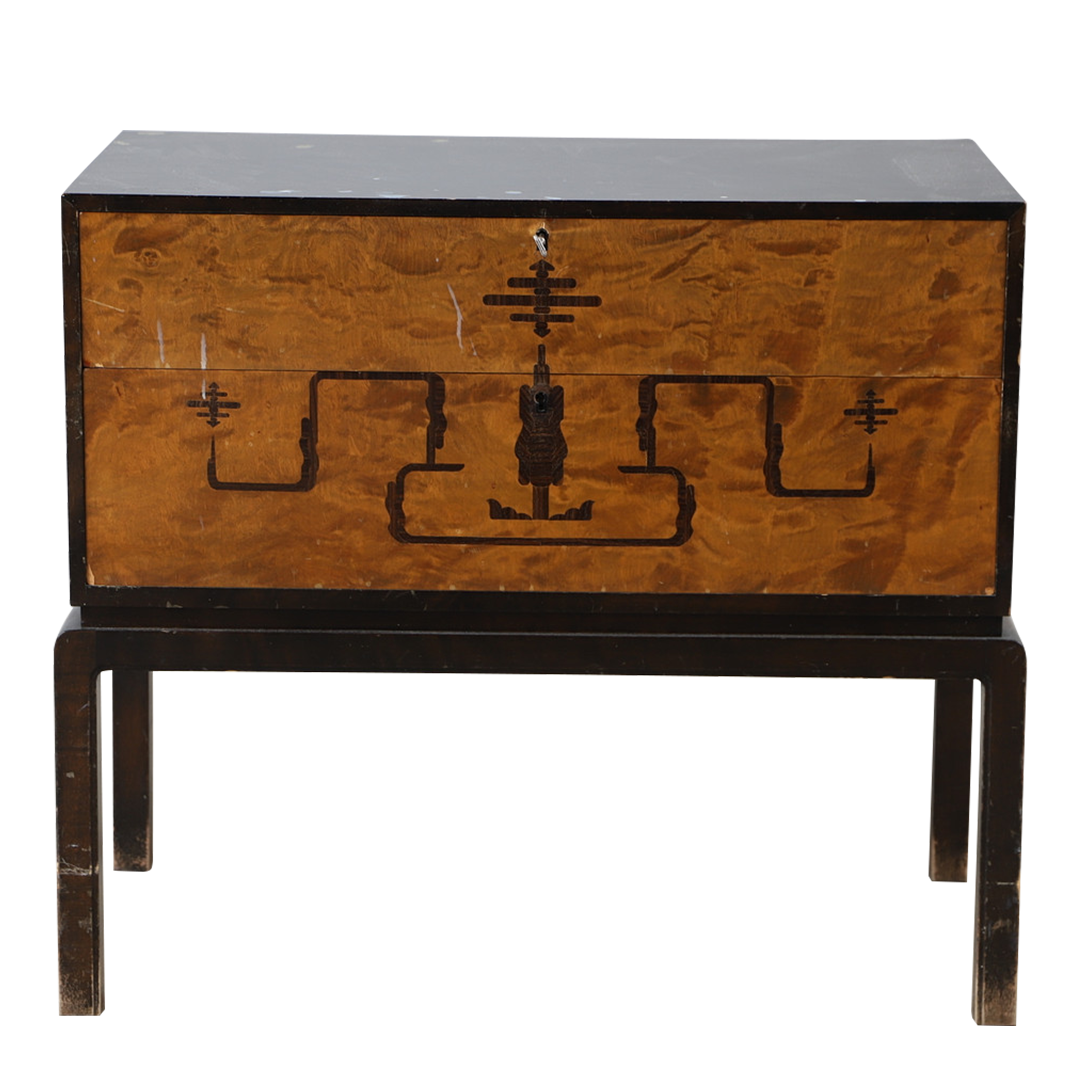 1920s Swedish Art Deco' : two-drawer rootwood cabinet w/intarsia