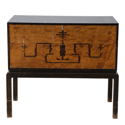 1920s Swedish Art Deco' : two-drawer rootwood cabinet w/intarsia