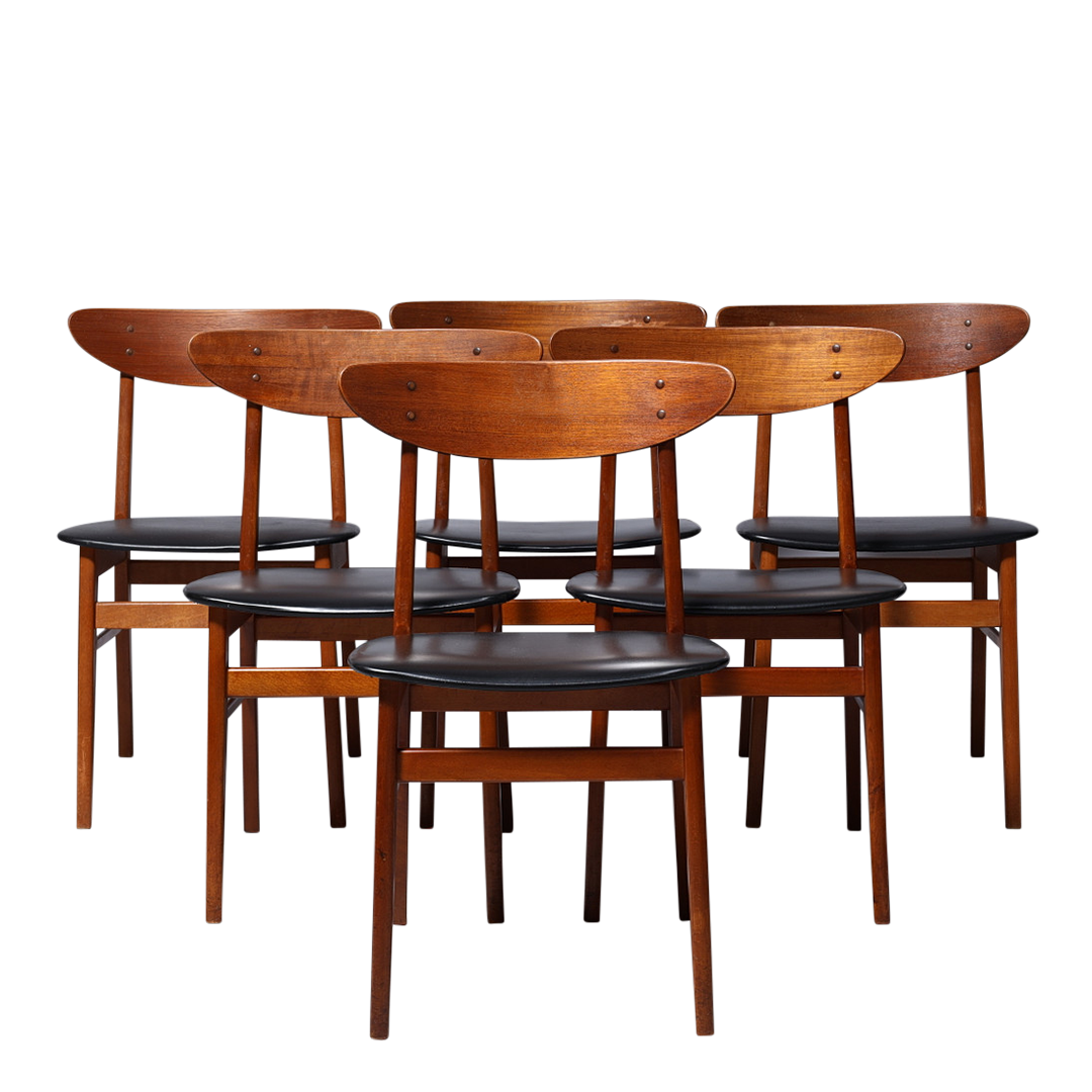 1960s Farstrup Denmark : set six teak, beech & skai dining chairs