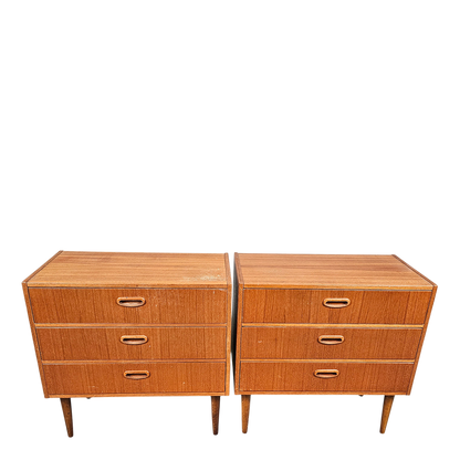 Pair 1950s Swedish : small teakwood chest of drawers w/ carved oak pulls