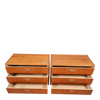 Pair 1950s Swedish : small teakwood chest of drawers w/ carved oak pulls