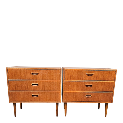 Pair 1950s Swedish : small teakwood chest of drawers w/ carved oak pulls