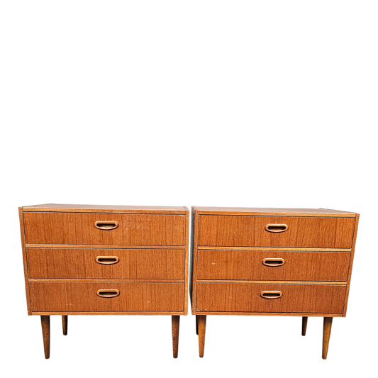 Pair 1950s Swedish : small teakwood chest of drawers w/ carved oak pulls