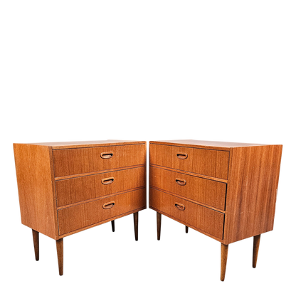 Pair 1950s Swedish : small teakwood chest of drawers w/ carved oak pulls