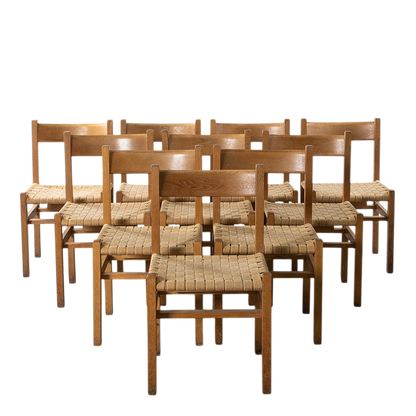 1950s Andrées Fabriks : oakwood & woven linen dining chairs, Sweden, quantity available