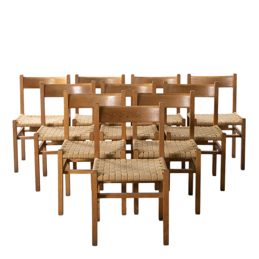 1950s Andrées Fabriks : eight oakwood & woven linen dining chairs, Sweden
